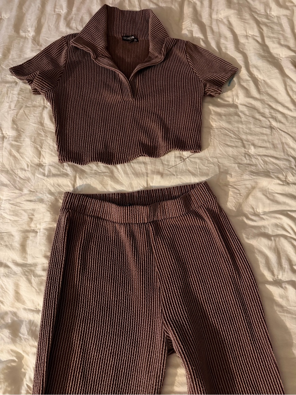Fashion Nova Ribbed Crop Top & Track Pants Set - Mauve Brown